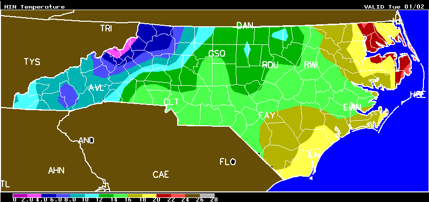 Minimum temperature map for NC