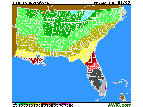SC and Southeast Region minimum temps map