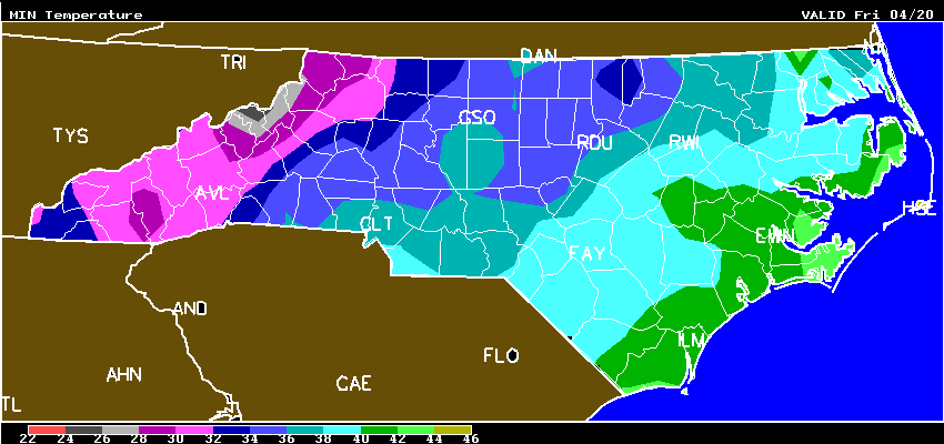 North Carolina Frost/Freeze forecast county map
