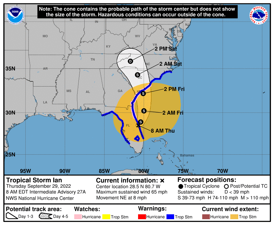 A map of the south eastern United States depicting the possible path of Tropical Storm Ian.