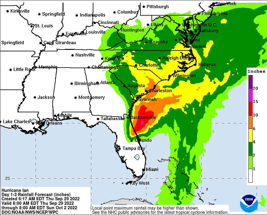 A map of the South Eastern portion of the United States showing rain fall related to Hurricane Ian.